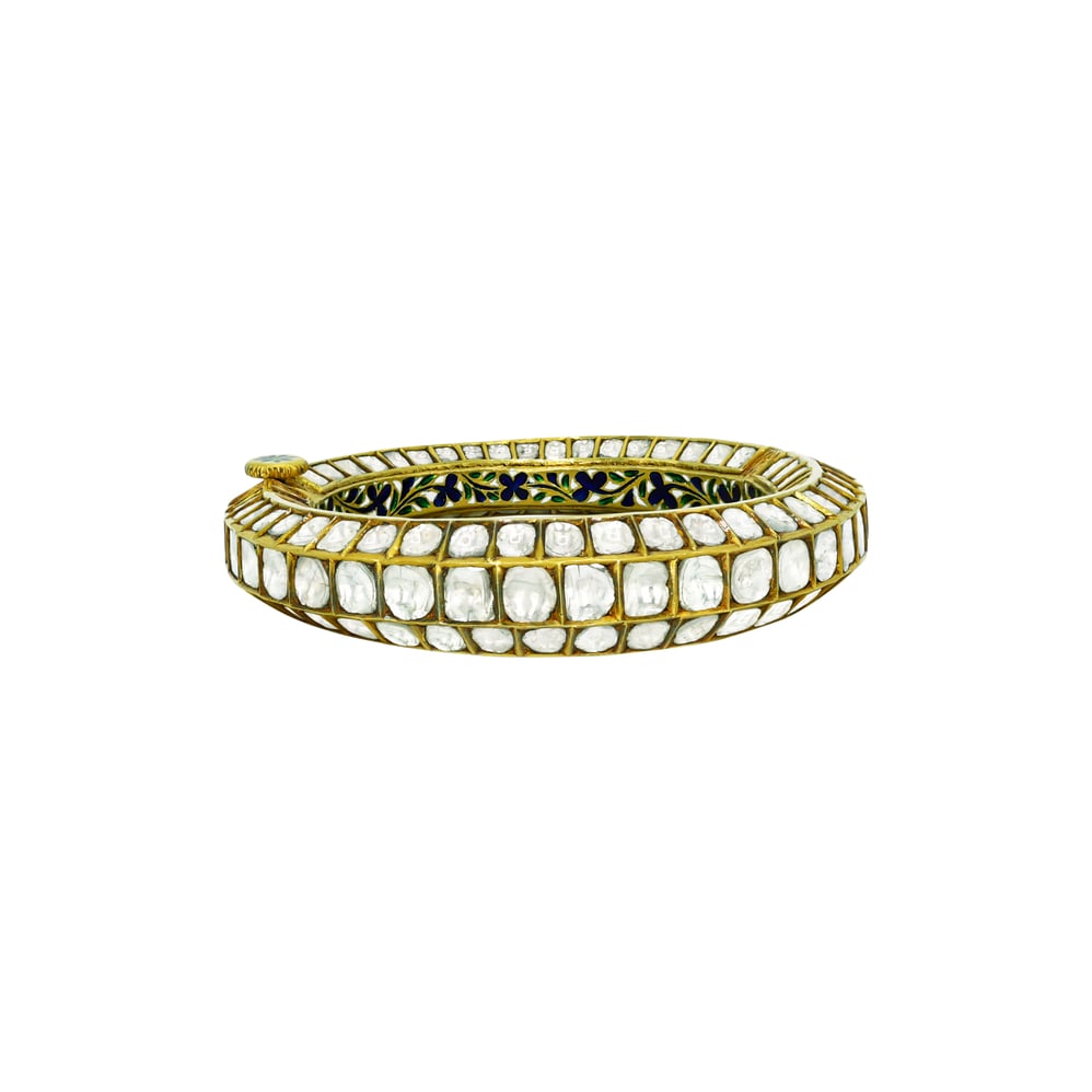 Triple-Row Polki Bangle with Blue Floral Enamel Detail